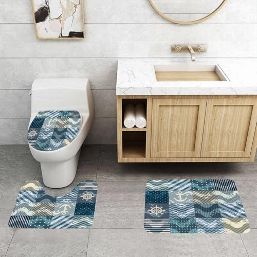 QRFASFZO 3 Stück Badematten und WC Vorleger Microfaser Weiches Badteppich badvorleger rutschfest Waschbar Badezimmerteppich Set,Nautisches Set, Marine-Thema, Wellenmuster im Patchwork-Stil, Kästchen von QRFASFZO