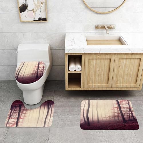 QRFASFZO 3 Stück Badematten und WC Vorleger Microfaser Weiches Badteppich badvorleger rutschfest Waschbar Badezimmerteppich Set,Nebliger Herbstwald, rote Blätter und hohe Bäume, eingehüllt in einen von QRFASFZO