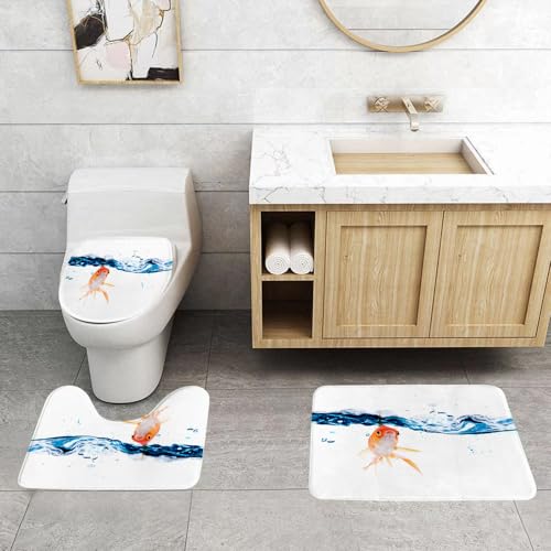 QRFASFZO 3 Stück Badematten und WC Vorleger Microfaser Weiches Badteppich badvorleger rutschfest Waschbar Badezimmerteppich Set,Neugieriger Goldfisch, der über die Wellen späht, Goldfisch, der aus d von QRFASFZO
