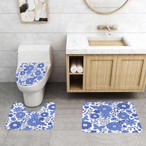 QRFASFZO 3 Stück Badematten und WC Vorleger Microfaser Weiches Badteppich badvorleger rutschfest Waschbar Badezimmerteppich Set,Niederländische Blumen im Delfter Stil im Doodle-Stil, abstrakte Blüte QRFASFZO 3 Stück Badematten und WC Vorleger Microfaser Weiches Badteppich badvorleger rutschfest Waschbar Badezimmerteppich Set,Niederländische Blumen im Delfter Stil im Doodle-Stil, abstrakte Blüte von QRFASFZO