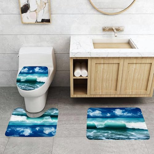 QRFASFZO 3 Stück Badematten und WC Vorleger Microfaser Weiches Badteppich badvorleger rutschfest Waschbar Badezimmerteppich Set,Ocean Surf Waves von, Karibisches Meer und Wasserspritzer Pictur von QRFASFZO
