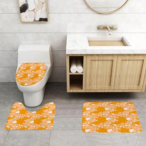 QRFASFZO 3 Stück Badematten und WC Vorleger Microfaser Weiches Badteppich badvorleger rutschfest Waschbar Badezimmerteppich Set,Orange Tropische Fische Seesterne stilisierte süße Blumen und Blätter von QRFASFZO