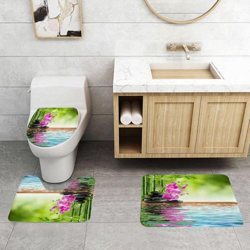 QRFASFZO 3 Stück Badematten und WC Vorleger Microfaser Weiches Badteppich badvorleger rutschfest Waschbar Badezimmerteppich Set,Orchidee Blume Stein Orientalische Kultur Spiritualität Wellness Tropi von QRFASFZO