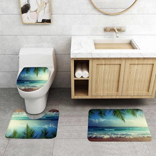 QRFASFZO 3 Stück Badematten und WC Vorleger Microfaser Weiches Badteppich badvorleger rutschfest Waschbar Badezimmerteppich Set,Ozean, Palmen, Tropische l, Strand, Wasser, Wellen, Hawaiian, Marine, von QRFASFZO