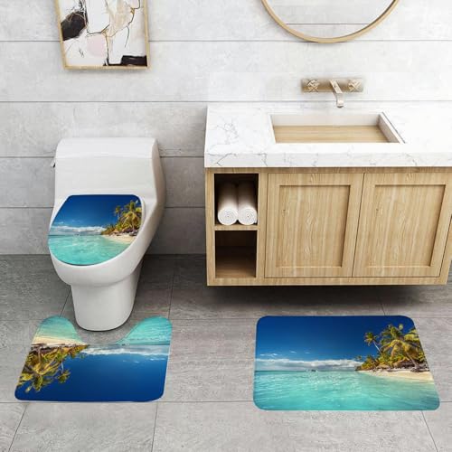 QRFASFZO 3 Stück Badematten und WC Vorleger Microfaser Weiches Badteppich badvorleger rutschfest Waschbar Badezimmerteppich Set,Ozean, Paradieslandschaft, Tropische l, Strand AV von QRFASFZO
