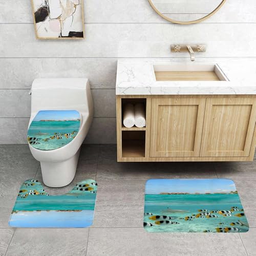 QRFASFZO 3 Stück Badematten und WC Vorleger Microfaser Weiches Badteppich badvorleger rutschfest Waschbar Badezimmerteppich Set,Ozean, Riffhai, Schwarzspitzen-Riffhai jagt Falterfische, Lagune von B von QRFASFZO