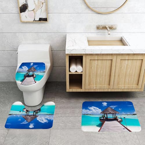 QRFASFZO 3 Stück Badematten und WC Vorleger Microfaser Weiches Badteppich badvorleger rutschfest Waschbar Badezimmerteppich Set,Ozean, Steg und Meerblick auf tropischen karibischen l Beach Resort Bi von QRFASFZO