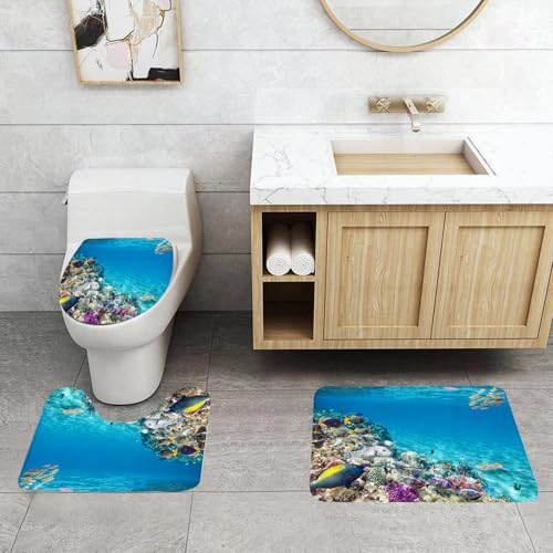 QRFASFZO 3 Stück Badematten und WC Vorleger Microfaser Weiches Badteppich badvorleger rutschfest Waschbar Badezimmerteppich Set,Ozean, Unterwasserwelt, Meeresleben, Meerestier, Korallen, Tropische F von QRFASFZO