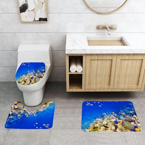 QRFASFZO 3 Stück Badematten und WC Vorleger Microfaser Weiches Badteppich badvorleger rutschfest Waschbar Badezimmerteppich Set,Ozean, Unterwasserwelt Wildnis Karibischer Ozean Urlaub in den Tropen von QRFASFZO