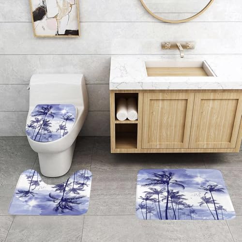 QRFASFZO 3 Stück Badematten und WC Vorleger Microfaser Weiches Badteppich badvorleger rutschfest Waschbar Badezimmerteppich Set,Ozean, exotische Tropische hohe Palmen bei B von QRFASFZO