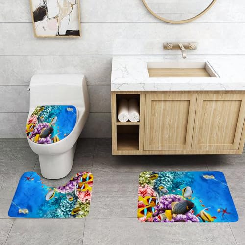 QRFASFZO 3 Stück Badematten und WC Vorleger Microfaser Weiches Badteppich badvorleger rutschfest Waschbar Badezimmerteppich Set,Ozean, klare Unterwasserkorallen und Tropische Fische von QRFASFZO