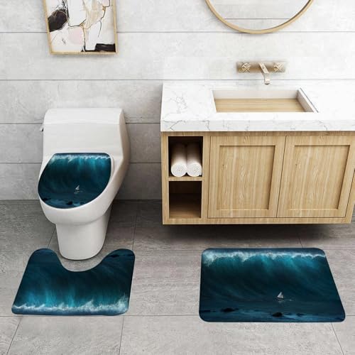 QRFASFZO 3 Stück Badematten und WC Vorleger Microfaser Weiches Badteppich badvorleger rutschfest Waschbar Badezimmerteppich Set,Ozean, kleines Boot Wird von einem großen Wellensturm erfasst QRFASFZO 3 Stück Badematten und WC Vorleger Microfaser Weiches Badteppich badvorleger rutschfest Waschbar Badezimmerteppich Set,Ozean, kleines Boot Wird von einem großen Wellensturm erfasst von QRFASFZO
