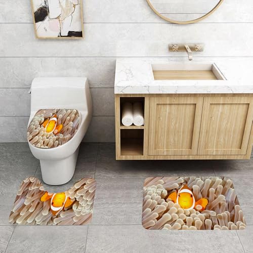 QRFASFZO 3 Stück Badematten und WC Vorleger Microfaser Weiches Badteppich badvorleger rutschfest Waschbar Badezimmerteppich Set,Ozean-Dekor, Clownfische Schwimmen in Tentakeln im Pazifischen Ozean B von QRFASFZO