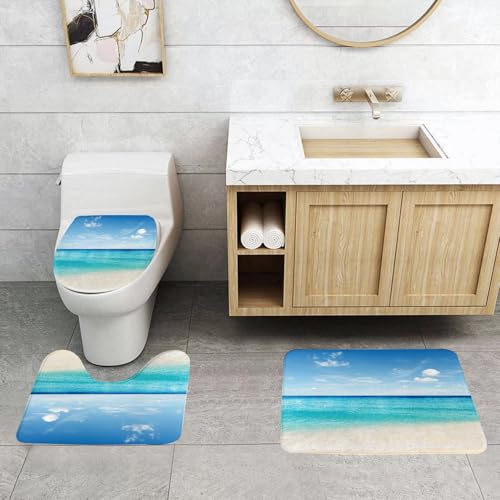 QRFASFZO 3 Stück Badematten und WC Vorleger Microfaser Weiches Badteppich badvorleger rutschfest Waschbar Badezimmerteppich Set,Ozean Dekor, Tropisches Karibisches Meer Sandstrand Blau Cal von QRFASFZO