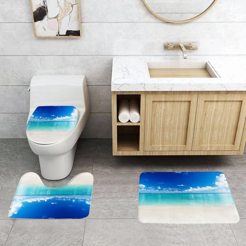 QRFASFZO 3 Stück Badematten und WC Vorleger Microfaser Weiches Badteppich badvorleger rutschfest Waschbar Badezimmerteppich Set,Ozean Dekor, natürliche Küstenansicht Sand Meer Strand Karibik von QRFASFZO