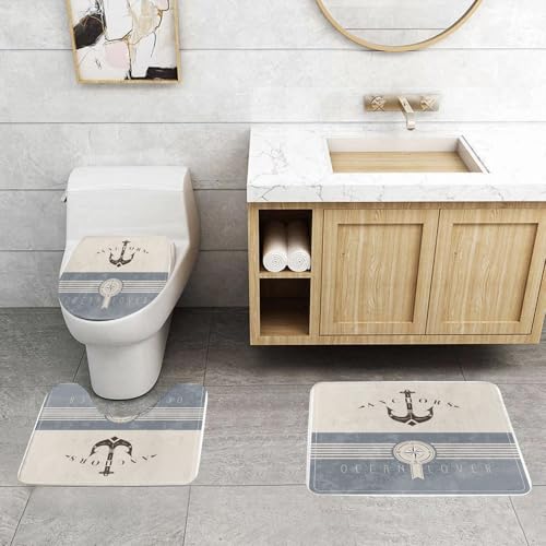QRFASFZO 3 Stück Badematten und WC Vorleger Microfaser Weiches Badteppich badvorleger rutschfest Waschbar Badezimmerteppich Set,Ozean-Logo, Anker- und Kompass-Design für Meeresliebhaber, das an Seea QRFASFZO 3 Stück Badematten und WC Vorleger Microfaser Weiches Badteppich badvorleger rutschfest Waschbar Badezimmerteppich Set,Ozean-Logo, Anker- und Kompass-Design für Meeresliebhaber, das an Seea von QRFASFZO