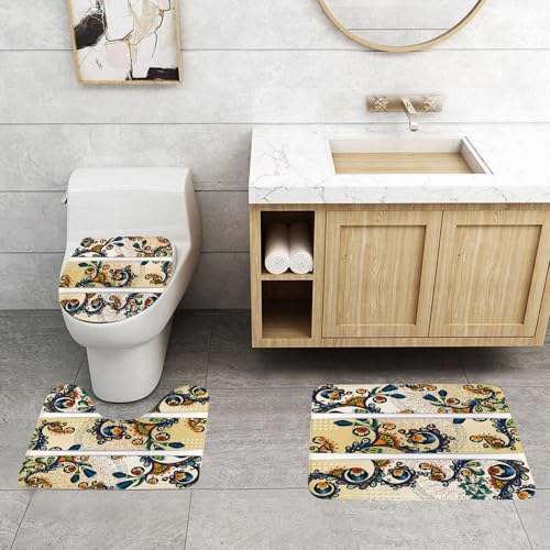 QRFASFZO 3 Stück Badematten und WC Vorleger Microfaser Weiches Badteppich badvorleger rutschfest Waschbar Badezimmerteppich Set,Paisley-Batik-Hintergrund, Satz von DREI afrikanischen ethnischen Hand von QRFASFZO