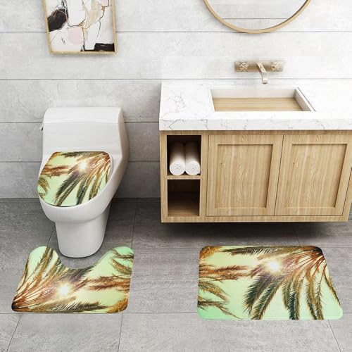 QRFASFZO 3 Stück Badematten und WC Vorleger Microfaser Weiches Badteppich badvorleger rutschfest Waschbar Badezimmerteppich Set,Palmblatt, strahlende Sonne durch die Zweige. Retro-Effekt. Exotisches QRFASFZO 3 Stück Badematten und WC Vorleger Microfaser Weiches Badteppich badvorleger rutschfest Waschbar Badezimmerteppich Set,Palmblatt, strahlende Sonne durch die Zweige. Retro-Effekt. Exotisches von QRFASFZO