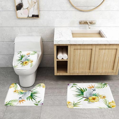 QRFASFZO 3 Stück Badematten und WC Vorleger Microfaser Weiches Badteppich badvorleger rutschfest Waschbar Badezimmerteppich Set,Papagei-Dekor, Hibiskus mit intelligentem Vogel, der Kreaturen imitier von QRFASFZO