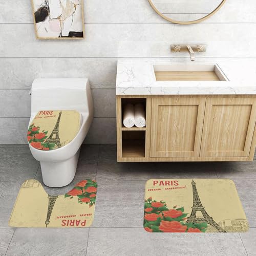 QRFASFZO 3 Stück Badematten und WC Vorleger Microfaser Weiches Badteppich badvorleger rutschfest Waschbar Badezimmerteppich Set,Paris, Paris-Illustration im Vintage-Stil mit nostalgischen Rosen und QRFASFZO 3 Stück Badematten und WC Vorleger Microfaser Weiches Badteppich badvorleger rutschfest Waschbar Badezimmerteppich Set,Paris, Paris-Illustration im Vintage-Stil mit nostalgischen Rosen und von QRFASFZO