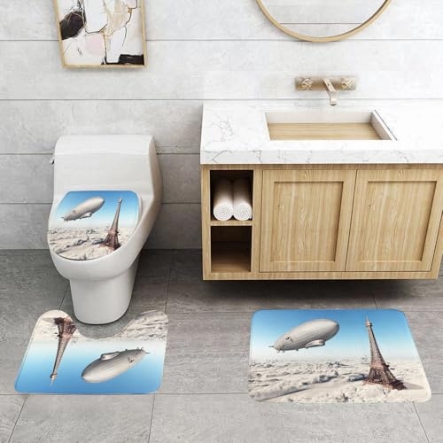QRFASFZO 3 Stück Badematten und WC Vorleger Microfaser Weiches Badteppich badvorleger rutschfest Waschbar Badezimmerteppich Set,Paris Dekor, Zepn und Eiffelturm über Wolken Himmel verträumt von QRFASFZO