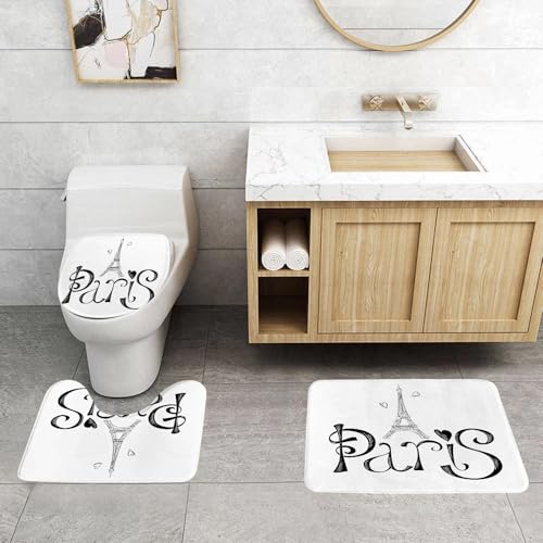 QRFASFZO 3 Stück Badematten und WC Vorleger Microfaser Weiches Badteppich badvorleger rutschfest Waschbar Badezimmerteppich Set,Pariser Stadtdekoration, Illustration mit Eiffelturm, Frankreich-Herz von QRFASFZO