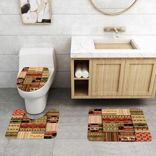 QRFASFZO 3 Stück Badematten und WC Vorleger Microfaser Weiches Badteppich badvorleger rutschfest Waschbar Badezimmerteppich Set,Patchwork afrikanischen Muster Grunge Druckhintergrund von QRFASFZO