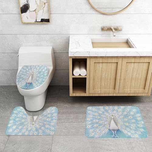 QRFASFZO 3 Stück Badematten und WC Vorleger Microfaser Weiches Badteppich badvorleger rutschfest Waschbar Badezimmerteppich Set,Pfauen-Set, aktives Pfauenmuster an der Wand, Natur, bunt, stilvoll, v von QRFASFZO