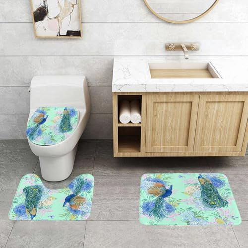 QRFASFZO 3 Stück Badematten und WC Vorleger Microfaser Weiches Badteppich badvorleger rutschfest Waschbar Badezimmerteppich Set,Pfauenblumen Nahtlose Muster Aquarell-Illustration für Mode-Stoffdesig von QRFASFZO
