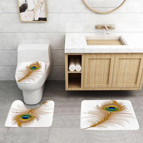 QRFASFZO 3 Stück Badematten und WC Vorleger Microfaser Weiches Badteppich badvorleger rutschfest Waschbar Badezimmerteppich Set,Pfauendekor, Illustration der magischen Pfauenfeder von QRFASFZO