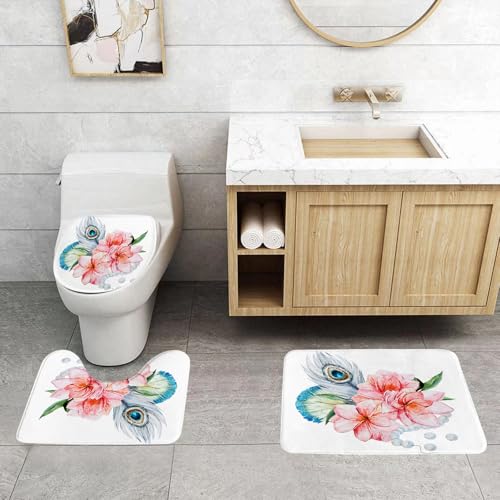 QRFASFZO 3 Stück Badematten und WC Vorleger Microfaser Weiches Badteppich badvorleger rutschfest Waschbar Badezimmerteppich Set,Pfauenfedern und Perlen, Blumenduft, Federn und Perlen in Aquarell, Pf QRFASFZO 3 Stück Badematten und WC Vorleger Microfaser Weiches Badteppich badvorleger rutschfest Waschbar Badezimmerteppich Set,Pfauenfedern und Perlen, Blumenduft, Federn und Perlen in Aquarell, Pf von QRFASFZO