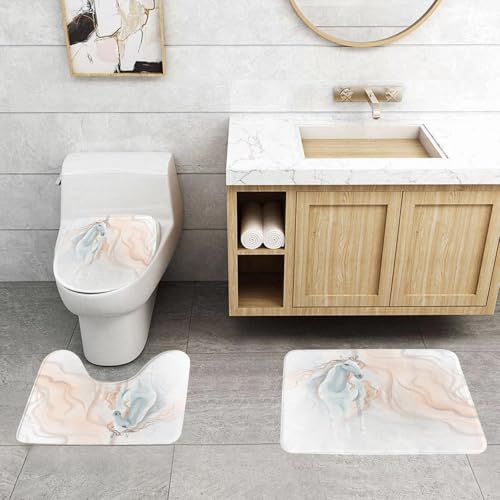 QRFASFZO 3 Stück Badematten und WC Vorleger Microfaser Weiches Badteppich badvorleger rutschfest Waschbar Badezimmerteppich Set,Pferdedekoration, Aquarellmalerei von, quadratischer Kissenbezug für S von QRFASFZO