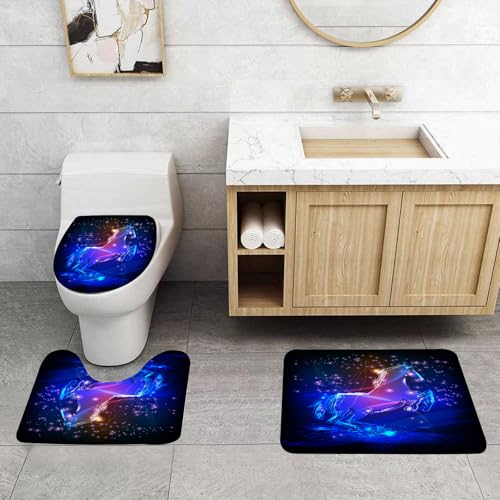 QRFASFZO 3 Stück Badematten und WC Vorleger Microfaser Weiches Badteppich badvorleger rutschfest Waschbar Badezimmerteppich Set,Pferdekunst, Leuchtend Blaue Pferdesilhouette auf schwarzem Hintergrun von QRFASFZO