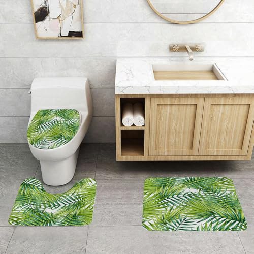 QRFASFZO 3 Stück Badematten und WC Vorleger Microfaser Weiches Badteppich badvorleger rutschfest Waschbar Badezimmerteppich Set,Pflanze, Aquarell, Tropische Palmblätter, farbenfrohe Illustration, NA von QRFASFZO
