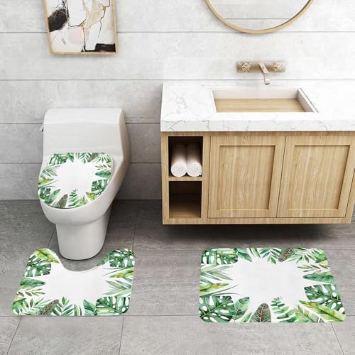QRFASFZO 3 Stück Badematten und WC Vorleger Microfaser Weiches Badteppich badvorleger rutschfest Waschbar Badezimmerteppich Set,Pflanze, Interessantes Dschungelthema Bild mit Blättern und Öffnung zu von QRFASFZO