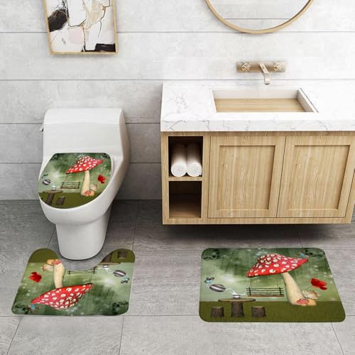 QRFASFZO 3 Stück Badematten und WC Vorleger Microfaser Weiches Badteppich badvorleger rutschfest Waschbar Badezimmerteppich Set,Pilz, Picknick im Fantasy Garden Holztisch Mohnblume Schaukel Teekanne von QRFASFZO