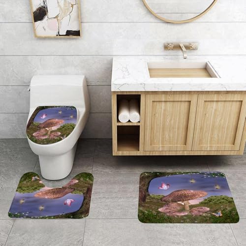 QRFASFZO 3 Stück Badematten und WC Vorleger Microfaser Weiches Badteppich badvorleger rutschfest Waschbar Badezimmerteppich Set,Pilz, Zauberwald, Natur, Vegetation, Büsche, uralter Baum, Schmetterli von QRFASFZO