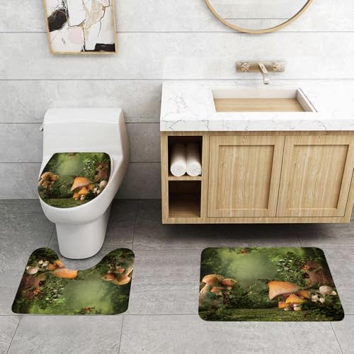 QRFASFZO 3 Stück Badematten und WC Vorleger Microfaser Weiches Badteppich badvorleger rutschfest Waschbar Badezimmerteppich Set,Pilzwälder, eine üppig grüne Waldecke mit riesigen Pilzen und Wildtier von QRFASFZO