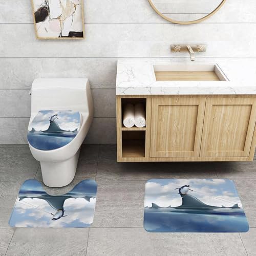QRFASFZO 3 Stück Badematten und WC Vorleger Microfaser Weiches Badteppich badvorleger rutschfest Waschbar Badezimmerteppich Set,Pinguin Steht auf Haifischflossen, Seile, Pinguine und Haifischflossen von QRFASFZO