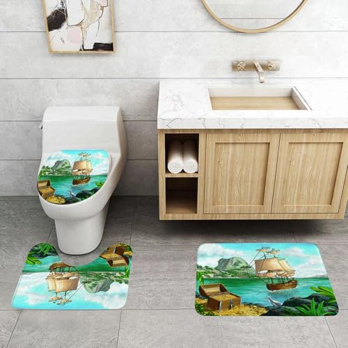 QRFASFZO 3 Stück Badematten und WC Vorleger Microfaser Weiches Badteppich badvorleger rutschfest Waschbar Badezimmerteppich Set,Pirat, exotische Meeresküste mit Truhe voller Gold Altes Schiff Tropic QRFASFZO 3 Stück Badematten und WC Vorleger Microfaser Weiches Badteppich badvorleger rutschfest Waschbar Badezimmerteppich Set,Pirat, exotische Meeresküste mit Truhe voller Gold Altes Schiff Tropic von QRFASFZO