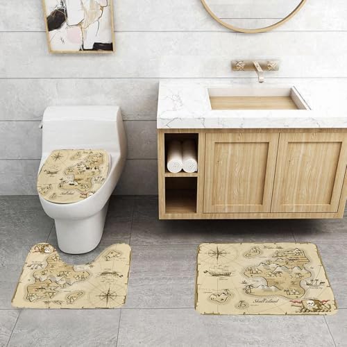 QRFASFZO 3 Stück Badematten und WC Vorleger Microfaser Weiches Badteppich badvorleger rutschfest Waschbar Badezimmerteppich Set,Piraten, Schatzl, Seeabenteuer, handgezeichnete Karte von QRFASFZO