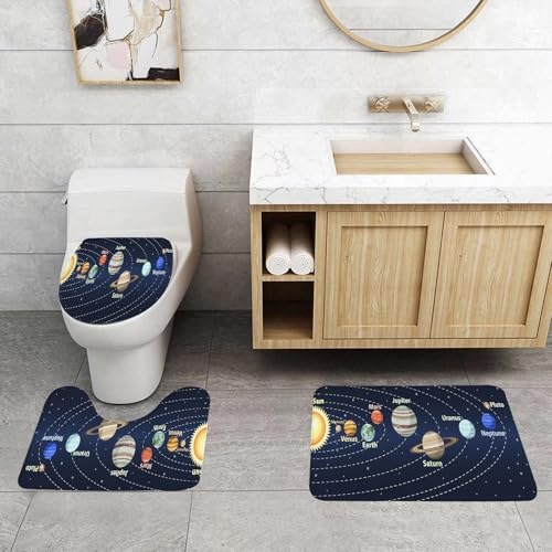 QRFASFZO 3 Stück Badematten und WC Vorleger Microfaser Weiches Badteppich badvorleger rutschfest Waschbar Badezimmerteppich Set,Planeten des Sonnensystems. Vektor Bunte Illustration von QRFASFZO