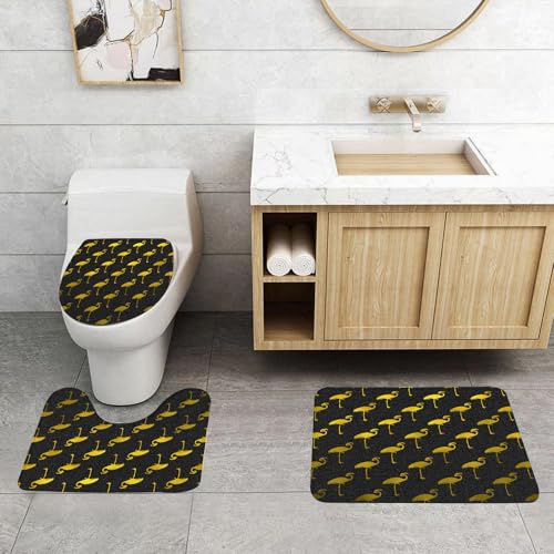 QRFASFZO 3 Stück Badematten und WC Vorleger Microfaser Weiches Badteppich badvorleger rutschfest Waschbar Badezimmerteppich Set,Polka Gold und Schwarz Flamingo Muster Polk Dot Vogel Faux, QRFASFZO 3 Stück Badematten und WC Vorleger Microfaser Weiches Badteppich badvorleger rutschfest Waschbar Badezimmerteppich Set,Polka Gold und Schwarz Flamingo Muster Polk Dot Vogel Faux, von QRFASFZO