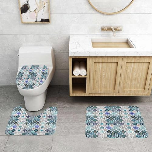 QRFASFZO 3 Stück Badematten und WC Vorleger Microfaser Weiches Badteppich badvorleger rutschfest Waschbar Badezimmerteppich Set,Portugiesische historische gemischte Azulejo-Mosaikfliesen mit marokka von QRFASFZO
