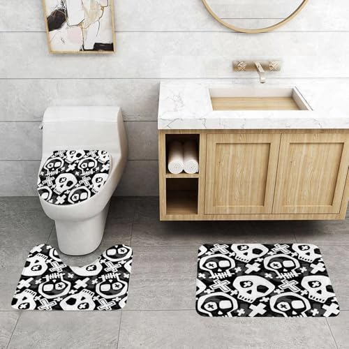 QRFASFZO 3 Stück Badematten und WC Vorleger Microfaser Weiches Badteppich badvorleger rutschfest Waschbar Badezimmerteppich Set,Punk nahtloses Muster mit Grunge fett bemalten Funky Totenköpfen. Rock von QRFASFZO