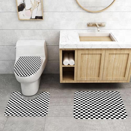 QRFASFZO 3 Stück Badematten und WC Vorleger Microfaser Weiches Badteppich badvorleger rutschfest Waschbar Badezimmerteppich Set,Quadratische, abwechselnd schwarz-weiße Schachbrettmuster wiederholen von QRFASFZO