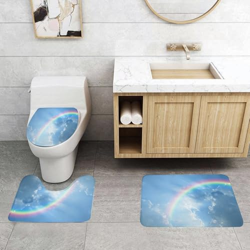 QRFASFZO 3 Stück Badematten und WC Vorleger Microfaser Weiches Badteppich badvorleger rutschfest Waschbar Badezimmerteppich Set,Regenbogen, klare Wolken am Himmel, realistisches Bild und Regenbogen von QRFASFZO