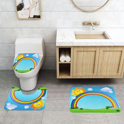 QRFASFZO 3 Stück Badematten und WC Vorleger Microfaser Weiches Badteppich badvorleger rutschfest Waschbar Badezimmerteppich Set,Regenbogen, lustige Sonne hält Regenbogen auf grünem Hügel mit klarem QRFASFZO 3 Stück Badematten und WC Vorleger Microfaser Weiches Badteppich badvorleger rutschfest Waschbar Badezimmerteppich Set,Regenbogen, lustige Sonne hält Regenbogen auf grünem Hügel mit klarem von QRFASFZO