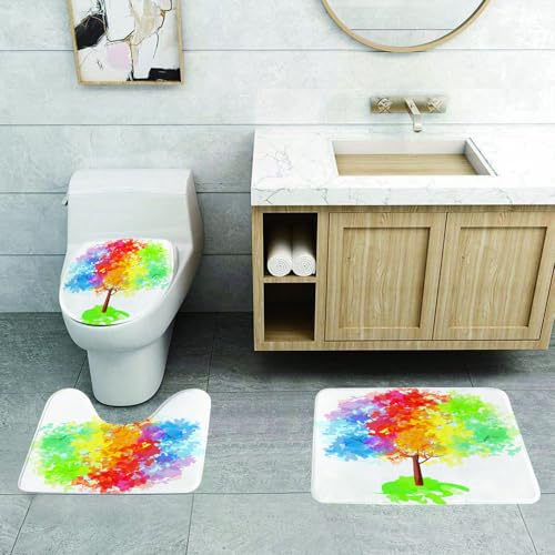 QRFASFZO 3 Stück Badematten und WC Vorleger Microfaser Weiches Badteppich badvorleger rutschfest Waschbar Badezimmerteppich Set,Regenbogen, mehrfarbiger Abstrakter Baum, Jahreszeiten-Inspirationen, von QRFASFZO