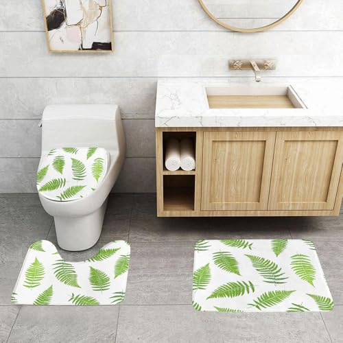 QRFASFZO 3 Stück Badematten und WC Vorleger Microfaser Weiches Badteppich badvorleger rutschfest Waschbar Badezimmerteppich Set,Reihe Sich wiederholender Designs aus grünen Farnen, die einen frische von QRFASFZO